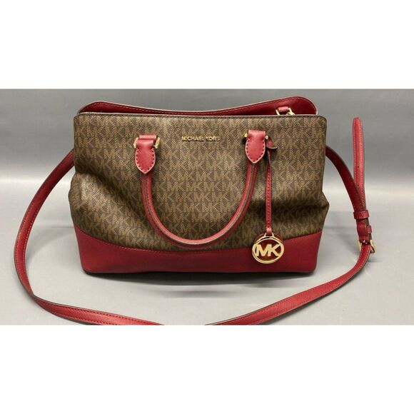 Michael Kors Savannah Large Satchel Brown/Wine Coated Canvas Satchel Hand Bag - Picture 1 of 6